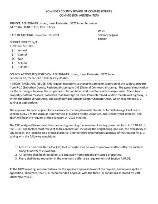 [to allow the properties to be combined and used for a self-storage center. Road frontage on Inner Perimeter Road. GLPC recommended approval 8:0 with three conditions.]