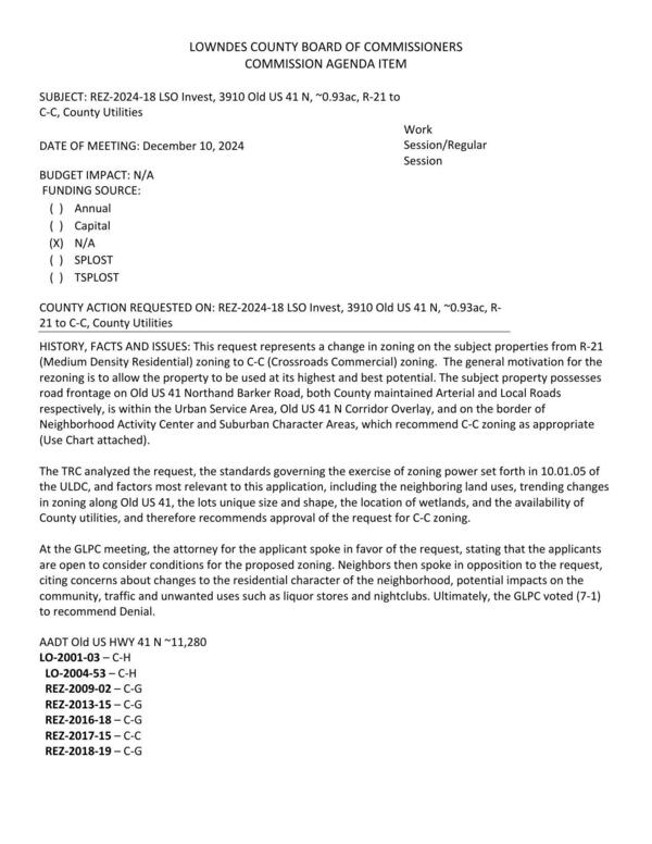 [to allow the property to be used at its highest and best potential. Road frontage on Old US 41 Northand Barker Road. GLPC recommended Denial 7:1.]