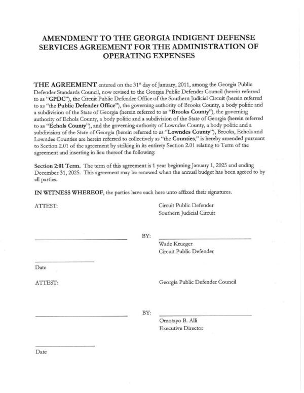 AMENDMENT TO THE GEORGIA INDIGENT DEFENSE SERVICES AGREEMENT FOR THE ADMINISTRATION OF OPERATING EXPENSES