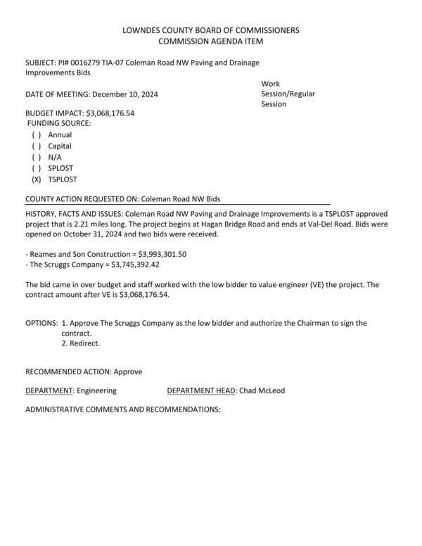 [BUDGET IMPACT: $3,068,176.54 TSPLOST approved project that is 2.21 miles long. The project begins at Hagan Bridge Road and ends at Val-Del Road. Two bids.]