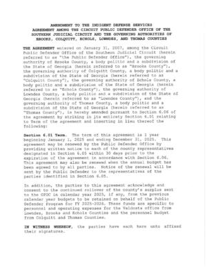 [AMENDMENT TO THE INDIGENT DEFENSE SERVICES AGREEMENT AMONG THE CIRCUIT PUBLIC DEFENDER OFFICE OF THE SOUTHERN JUDICIAL CIRCUIT AND THE GOVERNING AUTHORITIES OF BROOKS, COLQUITT, ECHOLS, LOWNDES, AND THOMAS COUNTIES]