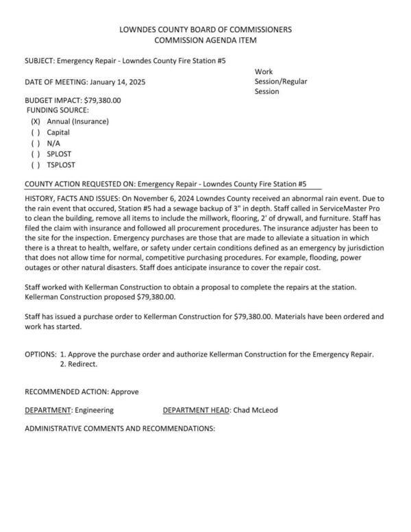 [BUDGET IMPACT: $79,380.00 due to sewage backup in the 2024-11-06 flash flood. Kellerman Construction.]