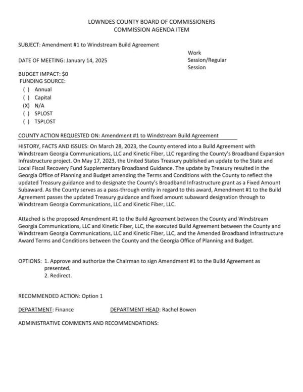 [COUNTY ACTION REQUESTED ON: Amendment #1 to Windstream Build Agreement]