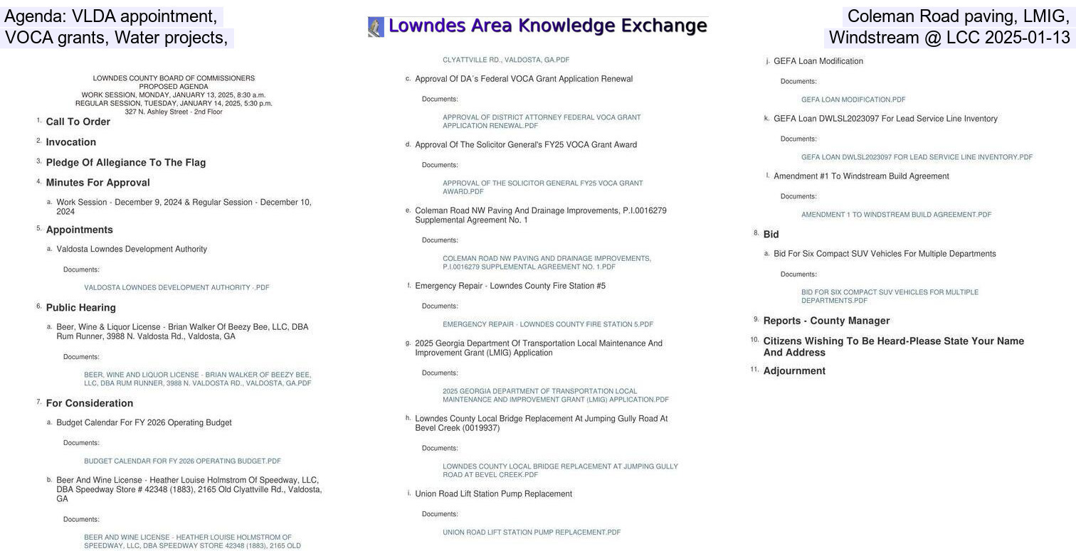 Agenda: VLDA appointment, Coleman Road paving, LMIG, VOCA grants, Water projects, Windstream @ LCC 2025-01-13
