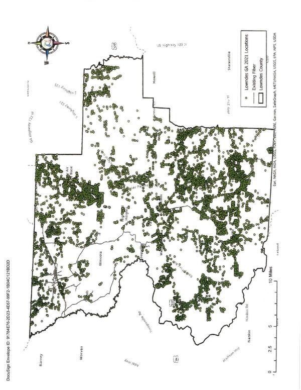 [Map: Lowndes GA 2021 Locations with Existing Fiber marked]