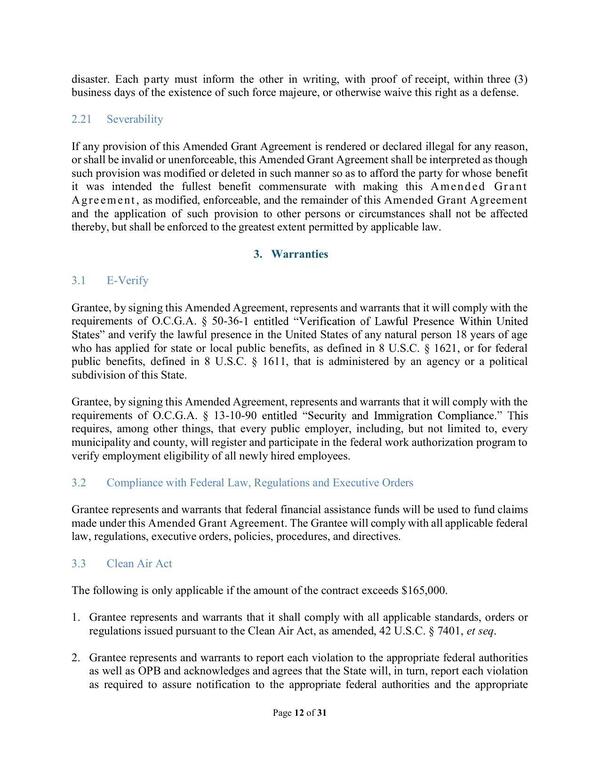 Agreement, as modified, enforceable, and the remainder of this Amended Grant Agreement