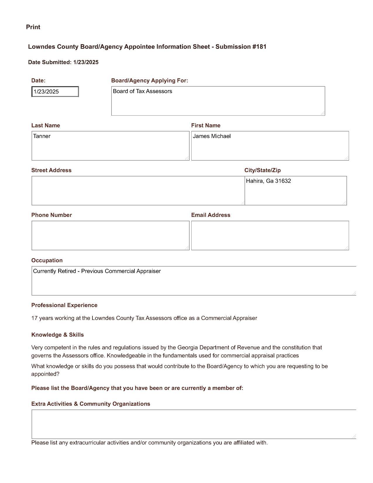 James Michael Tanner application