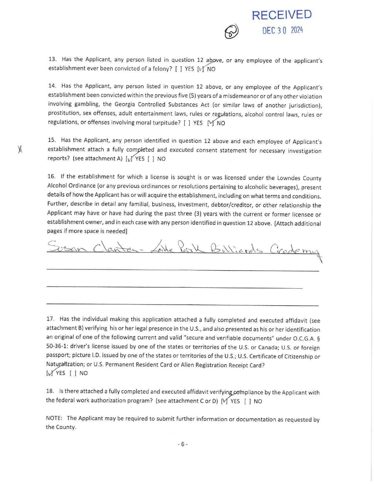 16. If the establishment for which a license is sought is or was licensed under the Lowndes County