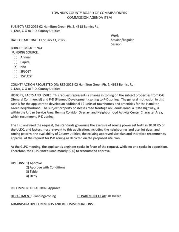 to develop an additional 12-units of townhomes and amenities for the Hamilton Green neighborhood. GLPC recommended approval 9:0.