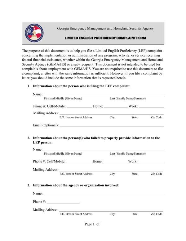 LIMITED ENGLISH PROFICIENCY COMPLAINT FORM