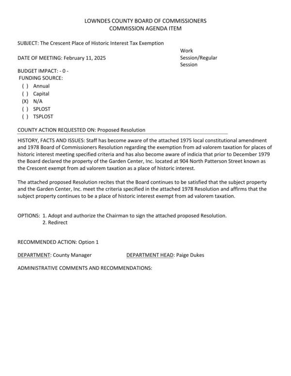 [Staff has become aware of the attached 1975 local constitutional amendment and 1978 Board of Commissioners Resolution regarding the exemption from ad valorem taxation for places of historic interest meeting specified criteria...]