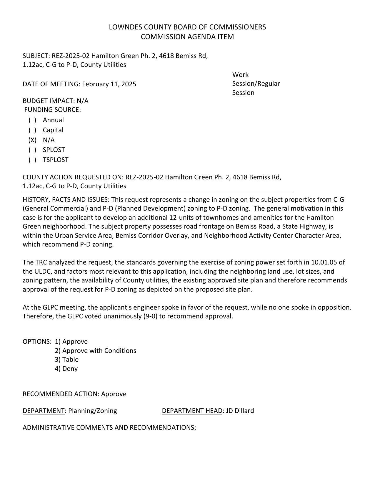 to develop an additional 12-units of townhomes and amenities for the Hamilton Green neighborhood. GLPC recommended approval 9:0.