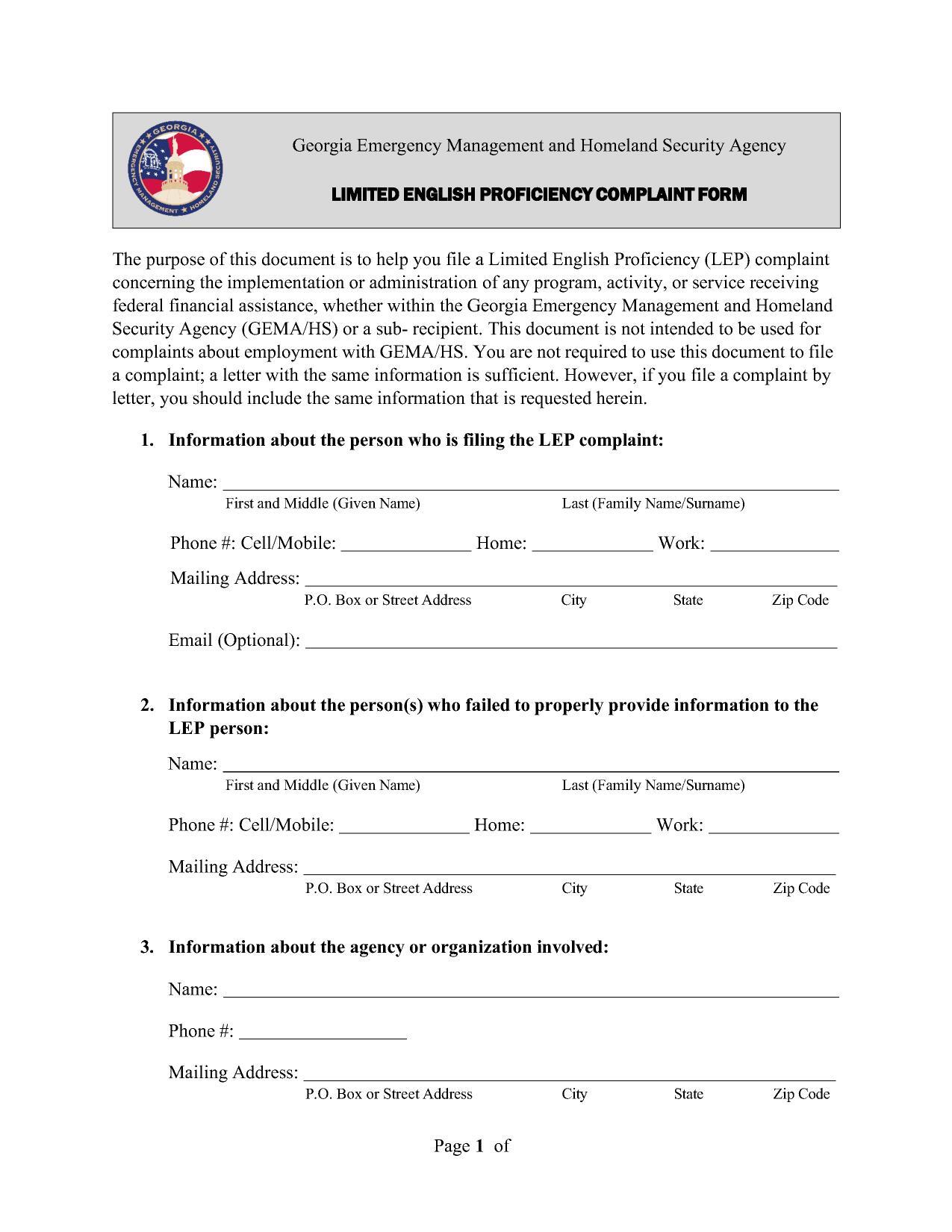 LIMITED ENGLISH PROFICIENCY COMPLAINT FORM