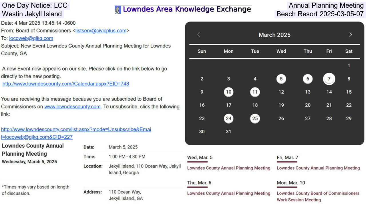 One Day Notice: LCC Annual Planning Meeting, Westin Jekyll Island Beach Resort 2025-03-05-07