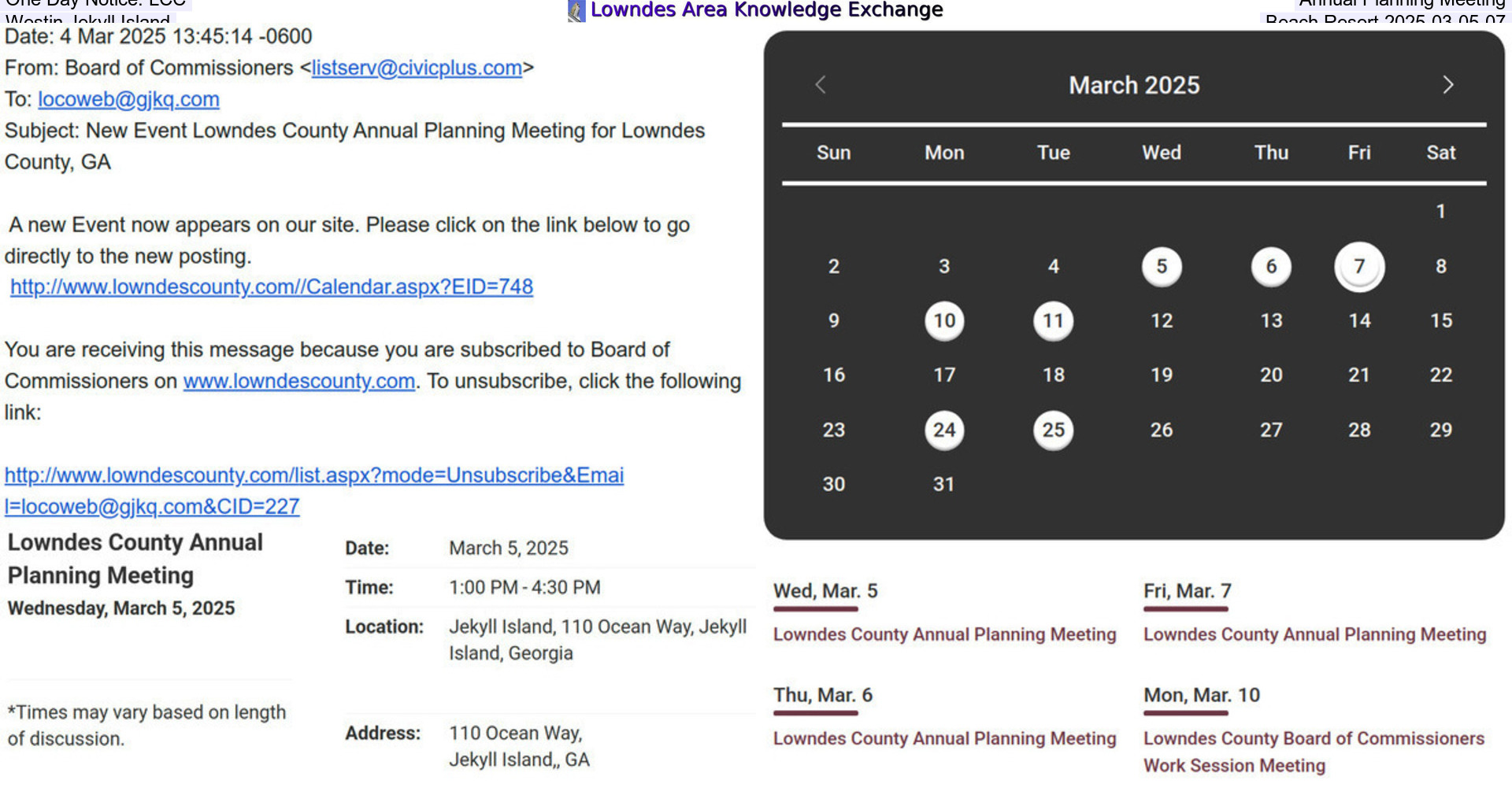 One Day Notice: LCC Annual Planning Meeting, Westin Jekyll Island Beach Resort 2025-03-05-07