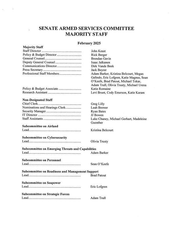 SENATE ARMED SERVICES COMMITTEE MAJORITY STAFF February 2025