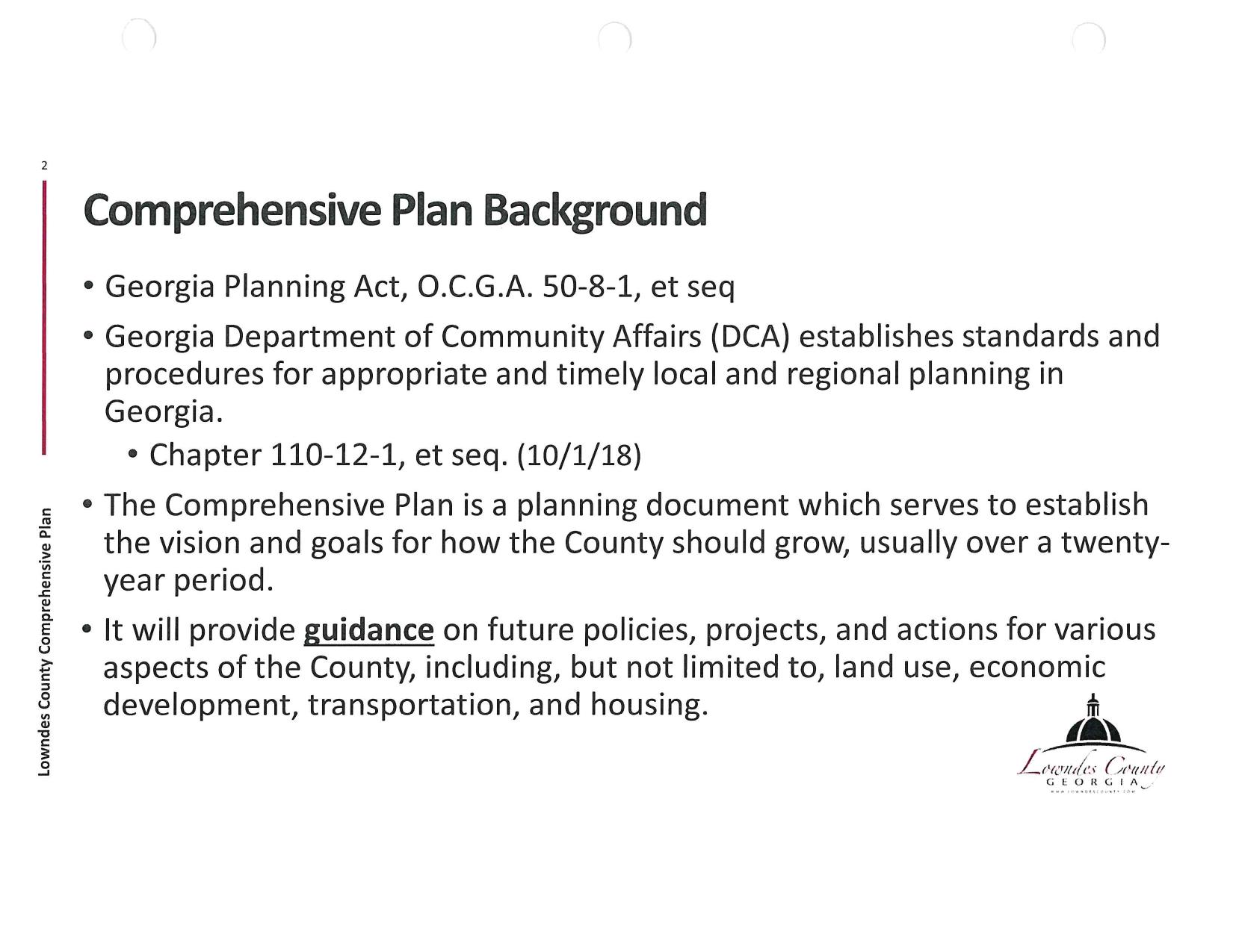 Comprehensive Plan Background: Georgia Planning Act, O.C.G.A. 50-8-1, et seq