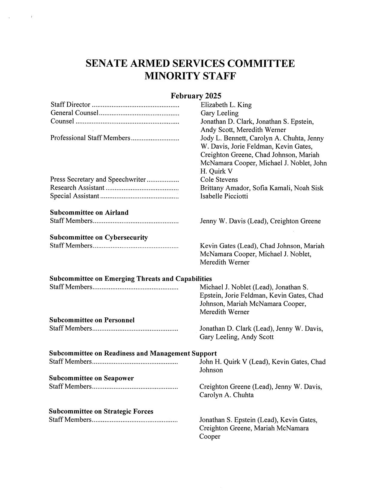 SENATE ARMED SERVICES COMMITTEE MINORITY STAFF