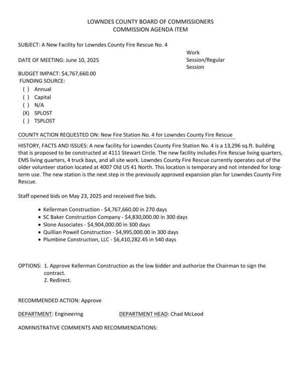 [BUDGET IMPACT: $4,767,660.00 a 13,296 sq.ft. building that is proposed to be constructed at 4111 Stewart Circle.]