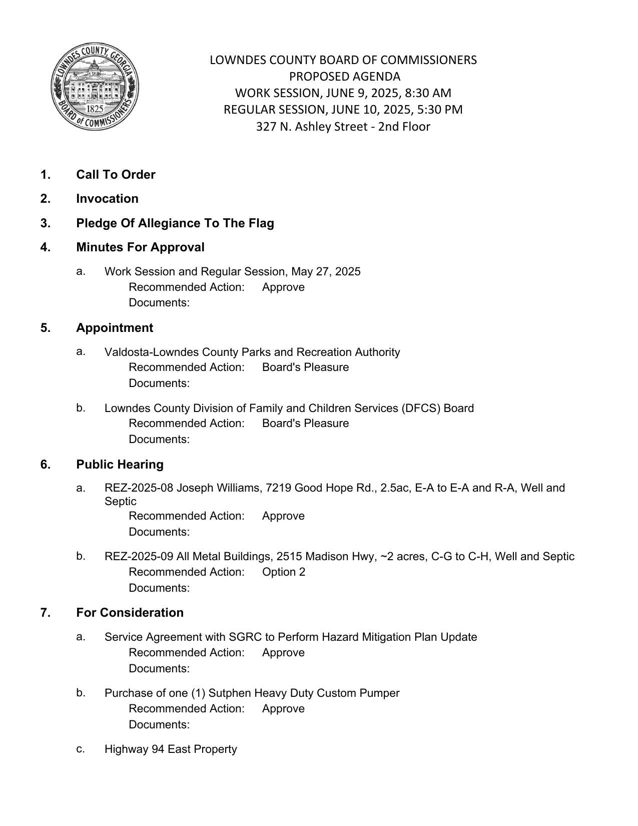 Appointments, Rezonings, For Consideration