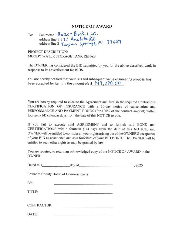 NOTICE OF AWARD