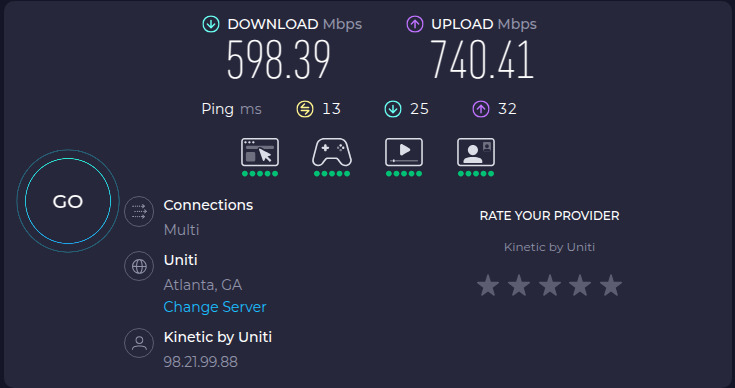 740 Mbps up, 598 Mbps down, 2025-10-25, 08:39:18, speedtest.net, Kinetic Windstream