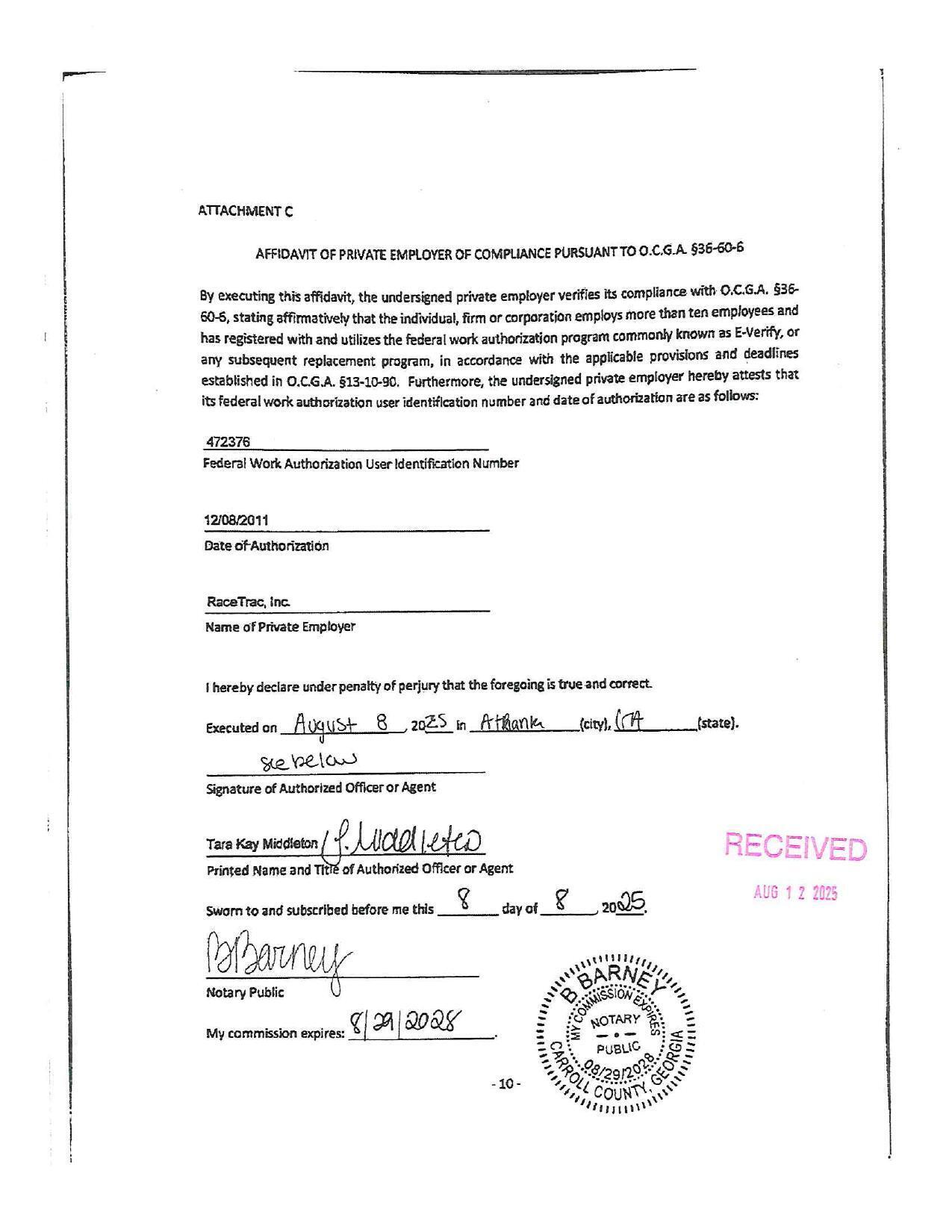 AFFIDAVIT OF PRIVATE EMPLOYER OF COMPLIANCE PURSUANT TO 0.C.6.A. §36-60-6