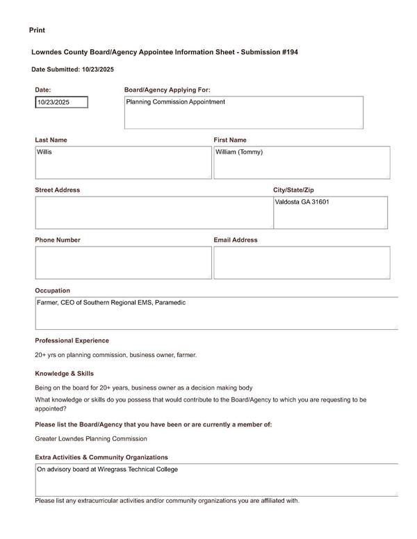 Tommy Willis Application