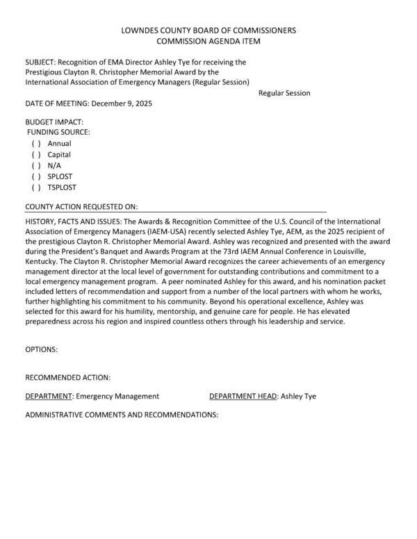 [U.S. Council of the International Association of Emergency Managers (IAEM-USA) recently selected Ashley Tye, AEM, as the 2025 recipient of the prestigious Clayton R. Christopher Memorial Award.]