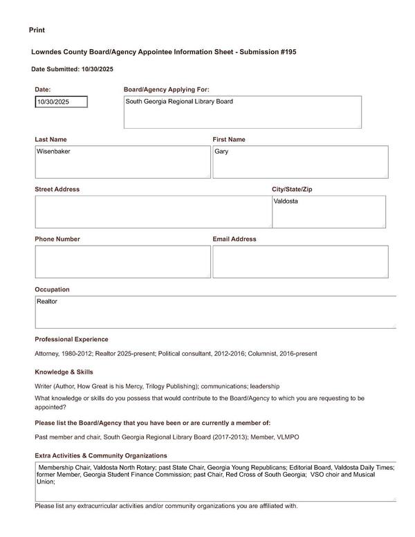 Gary Wisenbaker application