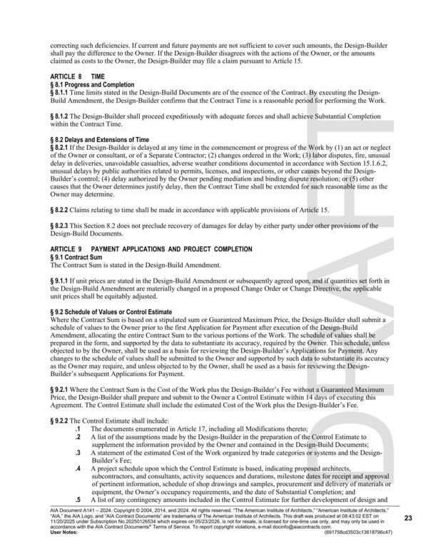 § 9.2 Schedule of Values or Control Estimate