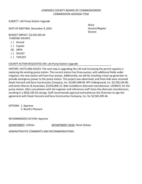 [BUDGET IMPACT: $2,565,305.44 FUNDING SOURCE: (xX) ARPA. From 3 to 4 pumps, plus back-up generator.]