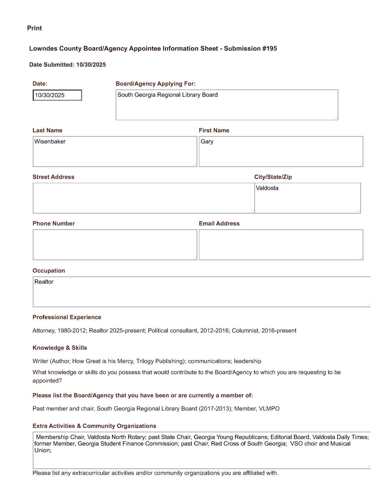Gary Wisenbaker application