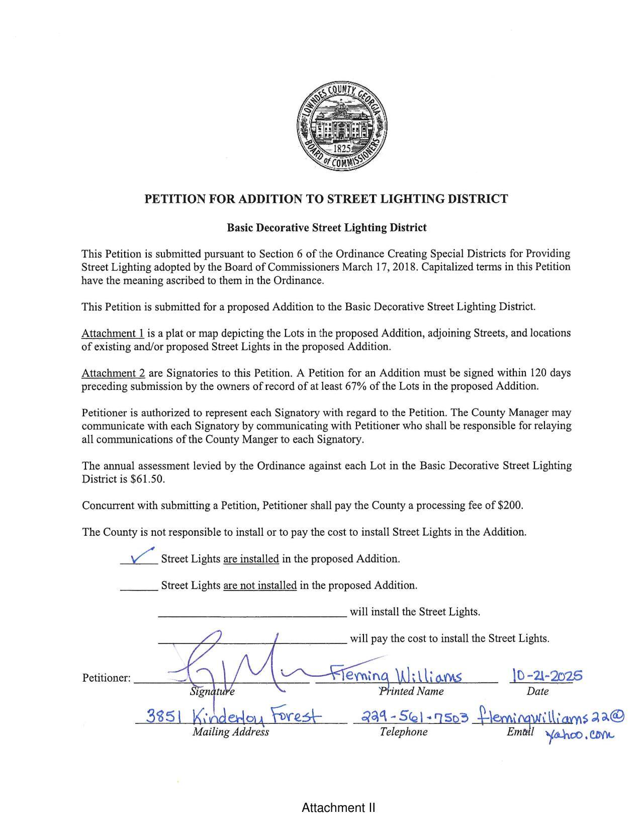 Petition for Addition to Street Lighting District