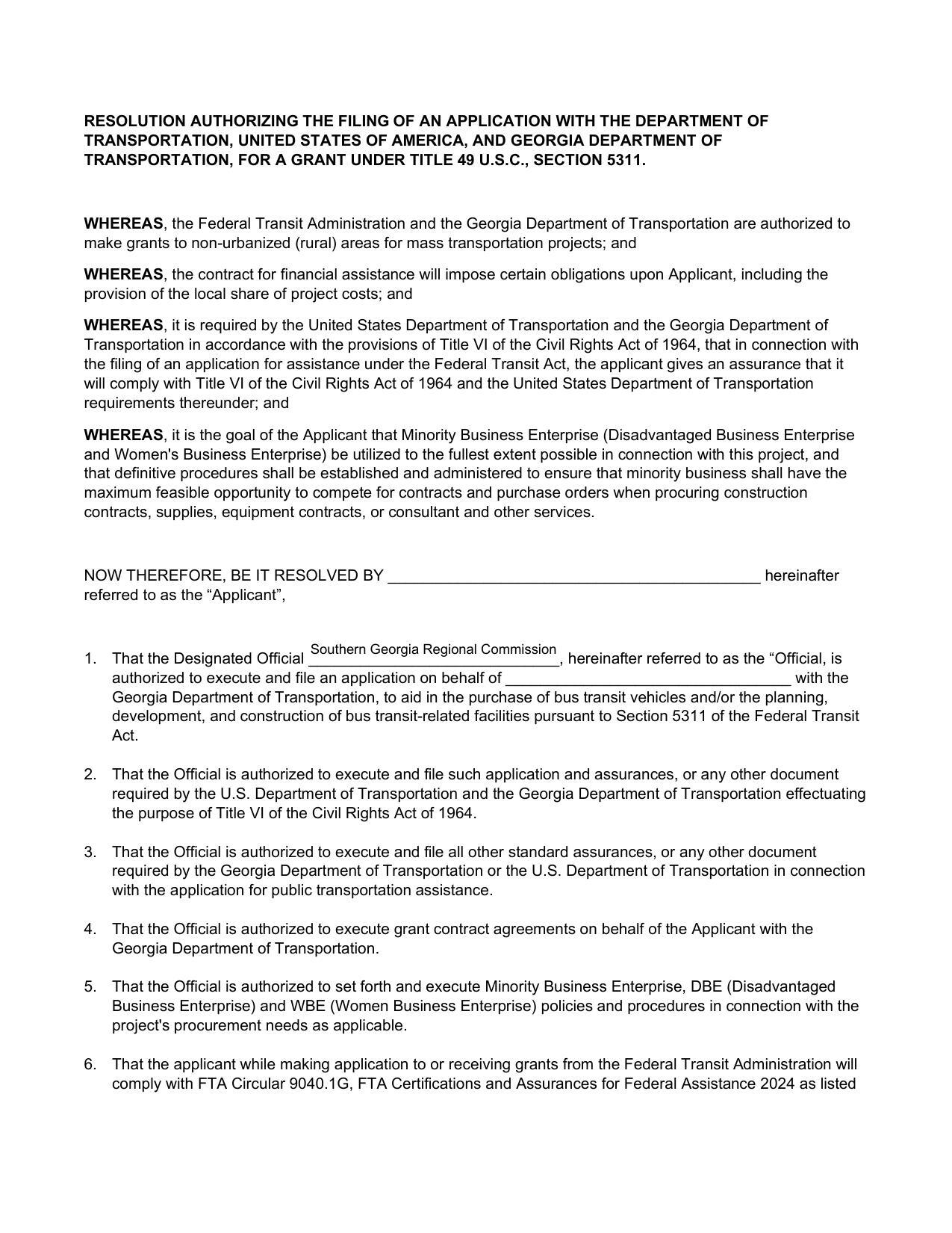 RESOLUTION AUTHORIZING THE FILING OF AN APPLICATION WITH THE DEPARTMENT OF TRANSPORTATION, UNITED STATES OF AMERICA, AND GEORGIA DEPARTMENT OF TRANSPORTATION, FOR A GRANT UNDER TITLE 49 U.S.C., SECTION 5311.
