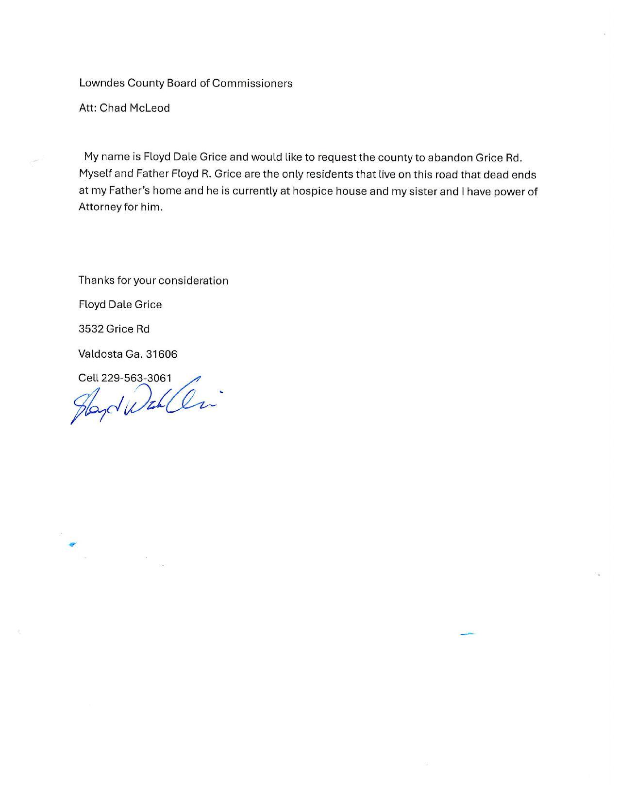 Request by Floyd Dale Grice.