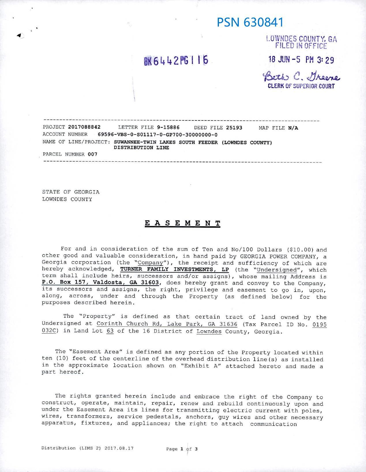 EASEMENT for SUWANNEE-TWIN LAKES SOUTH FEEDER (LOWNDES COUNTY) DISTRIBUTION LINE