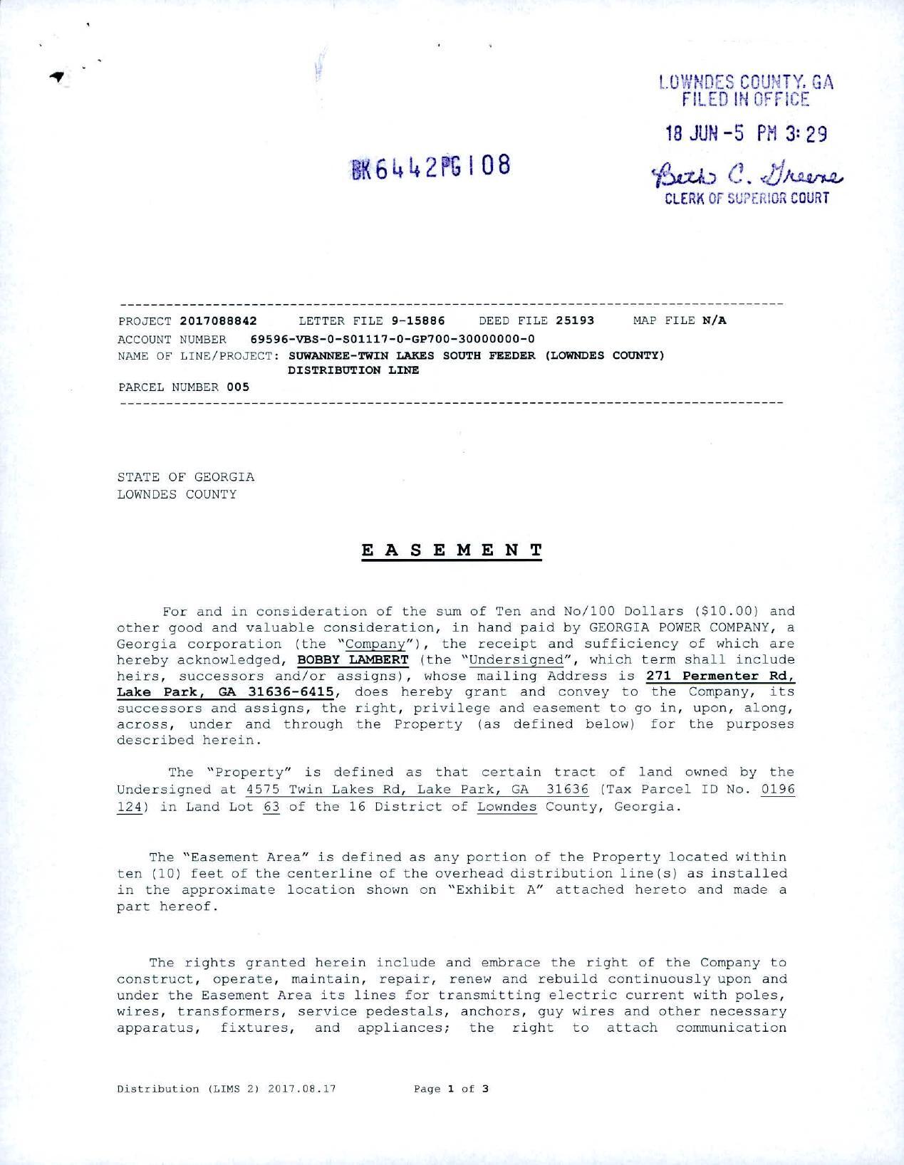 EASEMENT for power line through Bobby Lambert property