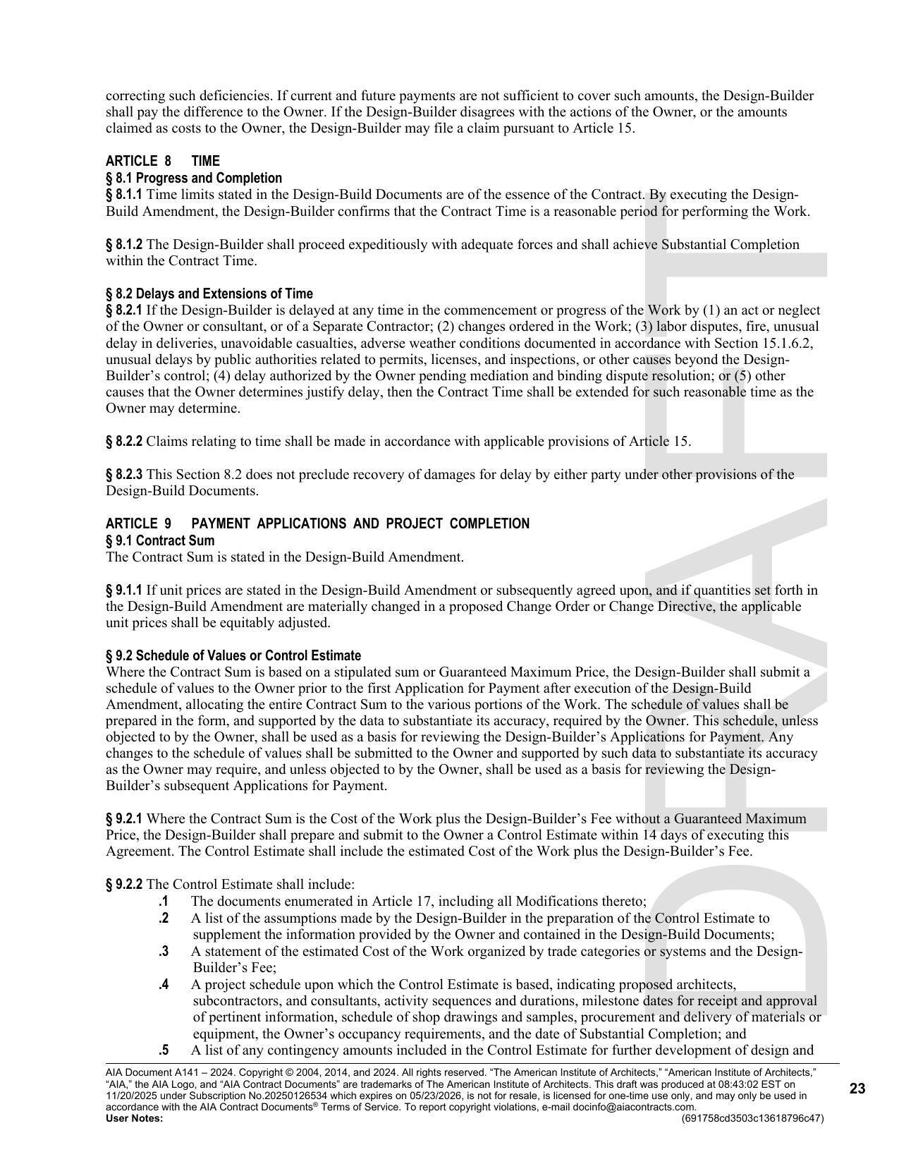 § 9.2 Schedule of Values or Control Estimate