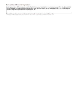 [As a representative of the newspaper was involved with numerous organizations in terms of coverage. More closely associated with various area arts organizations, including Peach State Summer Theatre; led the newspaper&rsquo;s role in the annual toy drive with the Empty Stocking Fund; Honor Flight program, etc.]