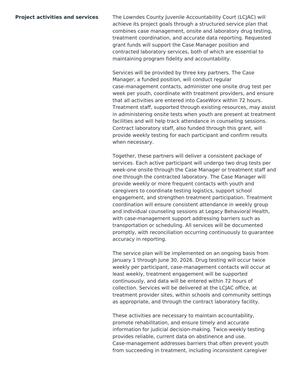 [week per youth, coordinate with treatment providers, and ensure]