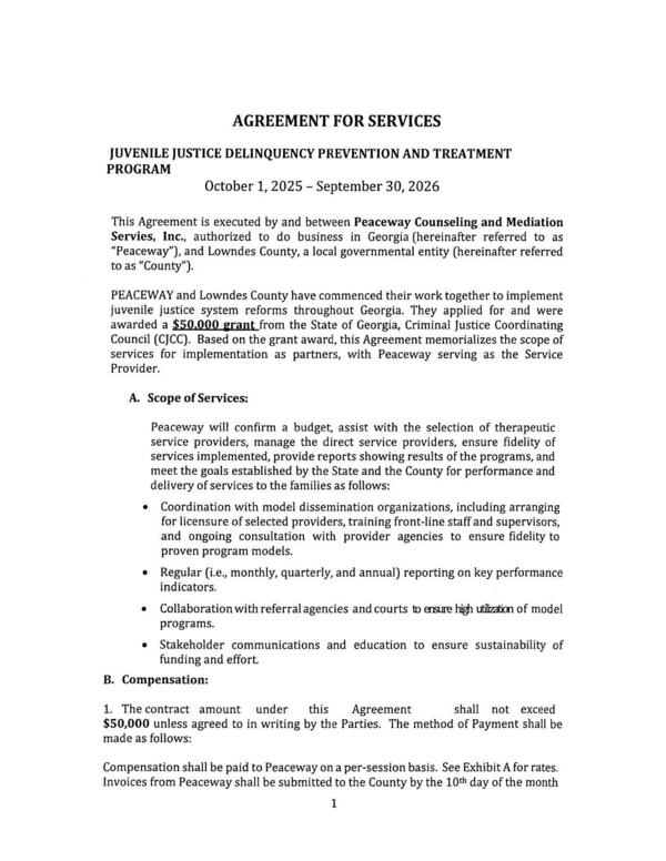 This Agreement is executed by and between Peaceway Counseling and Mediation