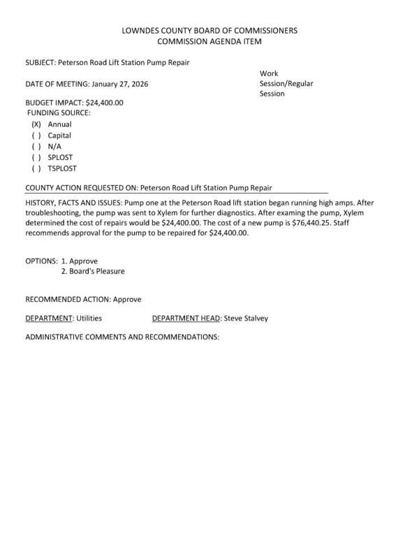 [BUDGET IMPACT: $24,400.00 FUNDING SOURCE: (XxX) Annual, Xylem repair]