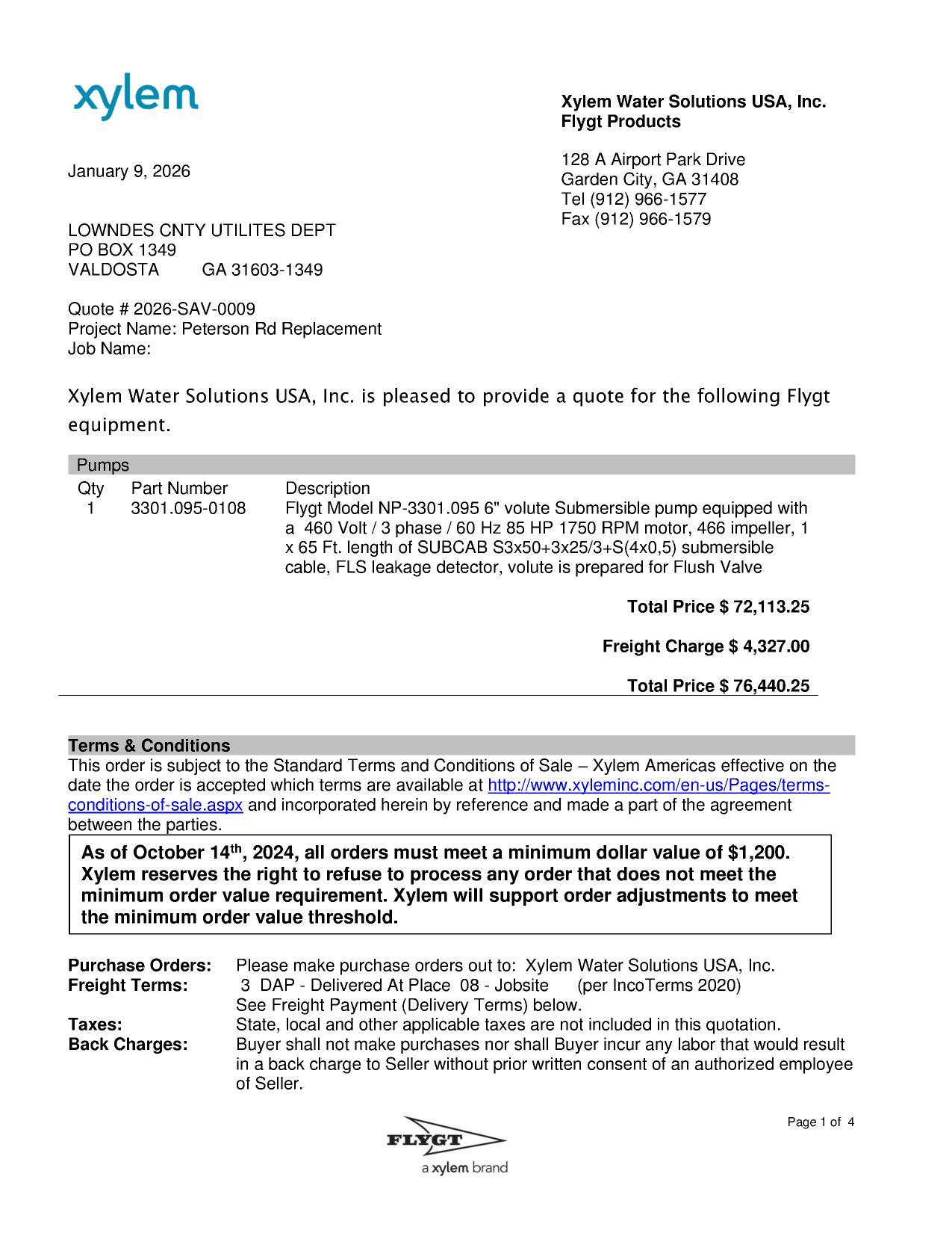 Xylem quote for a new Flygt pump