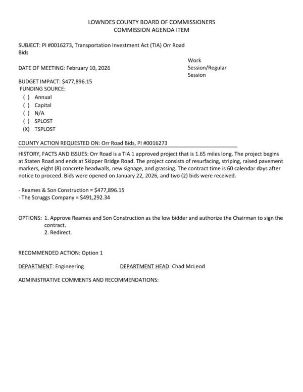 [BUDGET IMPACT: $477,896.15, FUNDING SOURCE: TSPLOST]