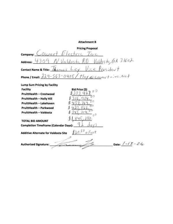 Cowart Electric Inc. Pricing Proposal