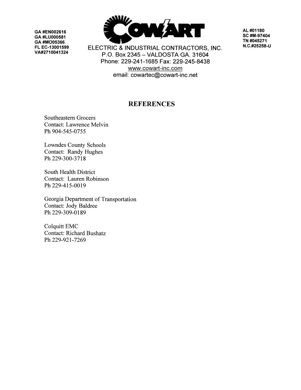 Cowart Electric References