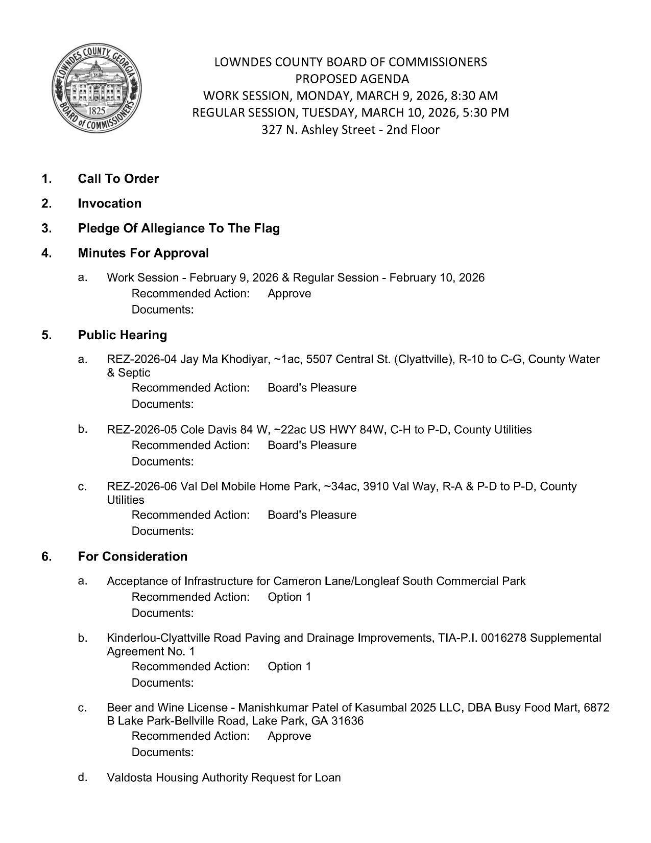 Rezonings, subdivision, paving, alcohol, loan