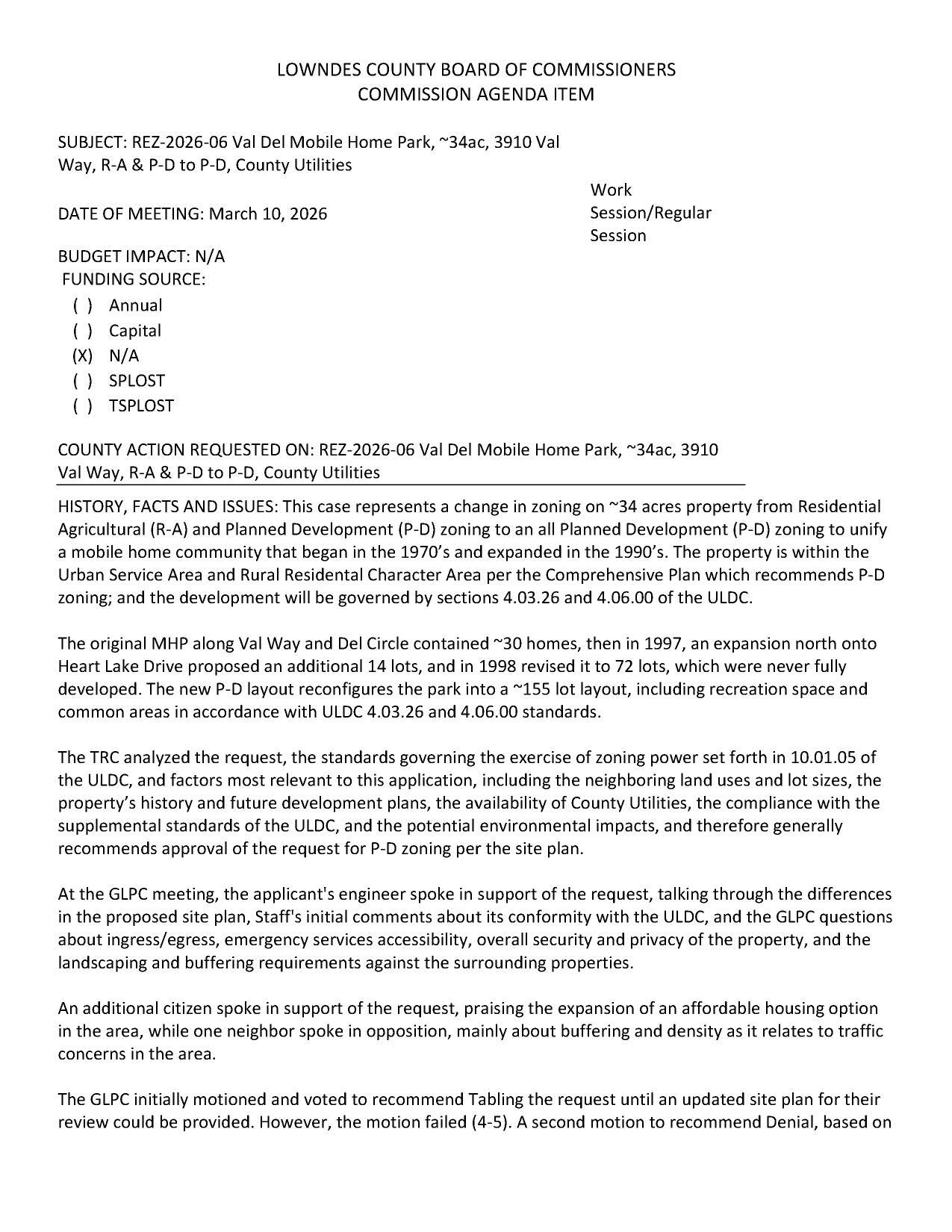 to unify a mobile home community that began in the 1970’s and expanded in the 1990’s. The property is within the Urban Service Area and Rural Residental Character Area per the Comprehensive Plan which recommends P-D zoning; and the development will be governed by sections 4.03.26 and 4.06.00 of the ULDC.