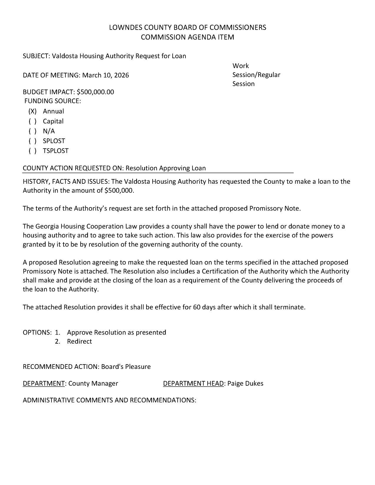 BUDGET IMPACT: $500,000.00